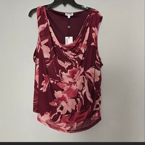 Kathy Ireland Burgundy and Pink Floral Cowl Neck Sleeveless Top